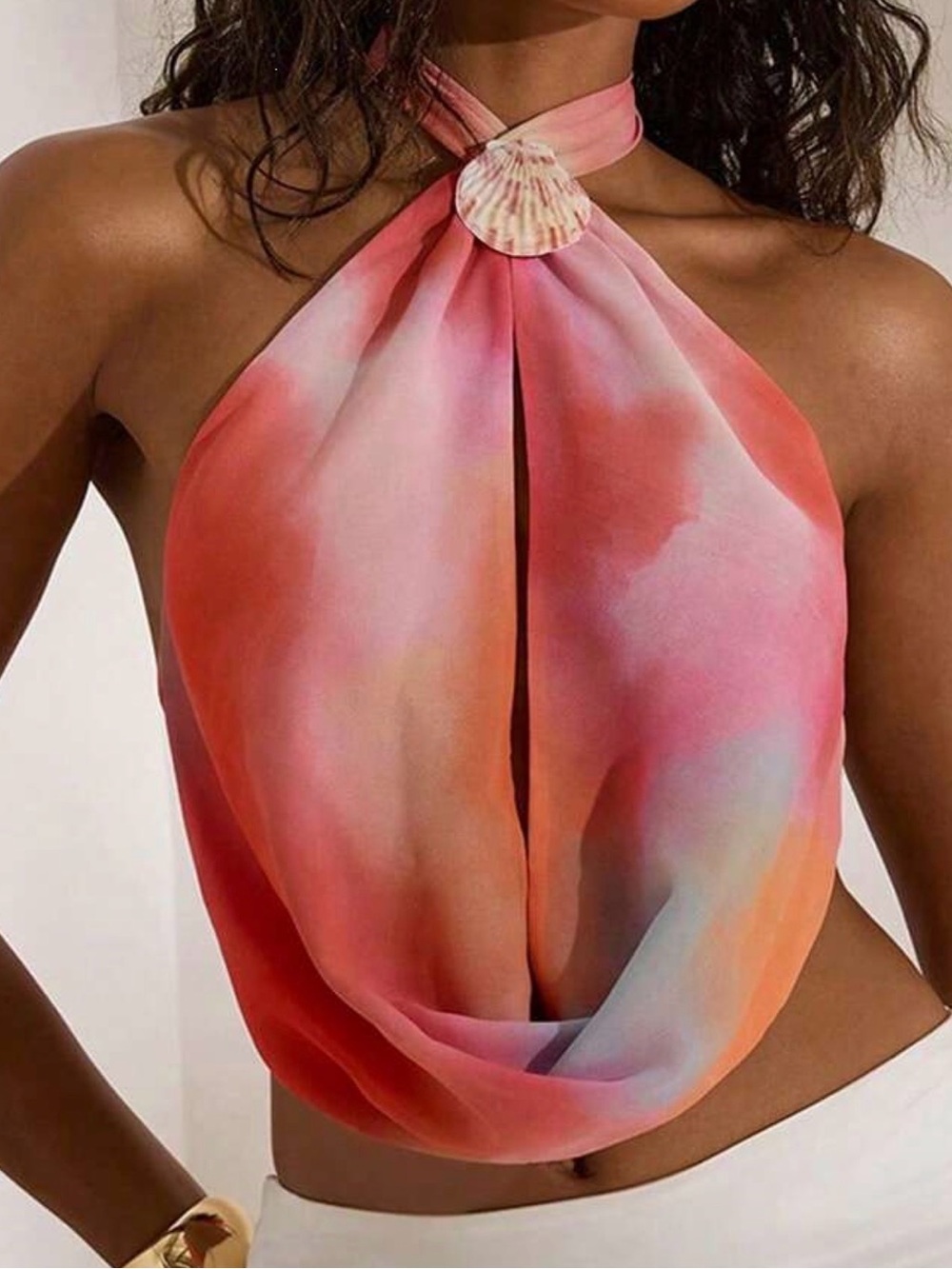 Halter Shell Accent Tie-Dye Crop Top in Coral Pink